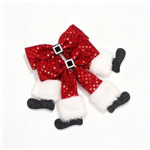 Red Sequin Bow Hair Clip with White Fur and Black Boots Christmas Hair Accessory for Kids Holiday <b>Dress</b> Up - Product Image 1