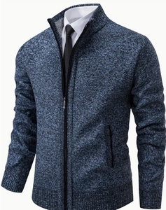 Nouvelle mode pour hommes automne hiver col montant tricot couleur unie fermeture éclair extérieur Cardigan tricots décontracté hauts manteau veste pull - Product Image 3