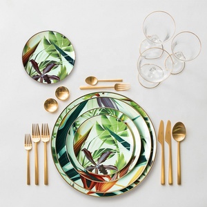 Assiette de service occidentale en céramique, motif feuille de forêt, en porcelaine fine, verte, pour la maison - Product Image 2