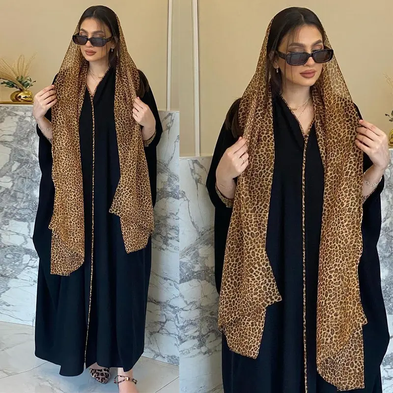 Eid Robe en mousseline de soie avec blocage des couleurs Hijab Robe de soirée modeste 2 pièces Abaya ouverte Dubaï Turquie Robe hijab à la mode musulmane
