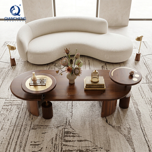Ensemble de tables basses ovales en noyer avec tables d'appoint rondes, accent doré, grain de bois, style mi-siècle, pour salon de villa, fabrication OEM - Product Image 2