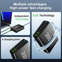 Penjualan Terbaik 200W GaN pengisi daya 6-Port USB C pengisi daya dinding stasiun pengisian cepat untuk iPhone untuk Samsung Xiaomi PD Output 100W 3