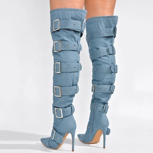 Belt Buckles Women Knee High Boots Metal Slim Heeled Denim <b>Long</b> Booties Sexy Punk Blue Stiletto Dress Shoes - Product Image 2