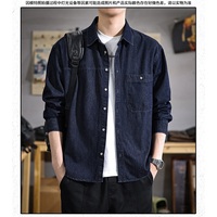 Kemeja Kasual Rajut Bernapas Grosir, Pakaian Streetwear Lengan Panjang Musim Semi Gugur, Saku Dada Kancing, Denim Pria