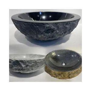 SHIHUI Natural Stone Outside Surface Round Countertop Black Marble Hand Wash Basin White Sink Bathroom Grey Granite Sinks