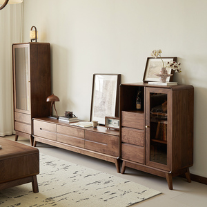 Coffre de rangement moderne minimaliste en noyer noir - Étagère ouverte en verre, 3 tiroirs, meuble bas (éco-responsable et durable) pour - Product Image 5