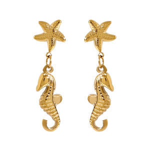 Pendientes de Aro de Acero Inoxidable Chapados en Oro de 18K J&D, Diseño Geométrico con Estrella de Mar y Caballito de Mar, Estilo Playero para Vacaciones - Product Image 1