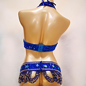 Lujoso traje azul de danza del vientre con cuentas para <span class=keywords><strong>mujer</strong></span> adornado con diamantes de imitación de arcoíris adecuado para puesta en escena y Bikini - Product Image 4