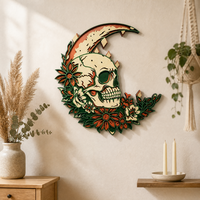 Décoration murale en bois découpée au laser 2.5D, crâne et lune, 27,5 cm, style gothique bohème, décoration de Pâques, logo personnalisé OEM, suspension murale en bois