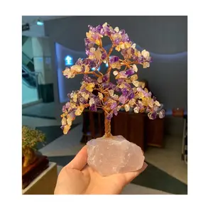 BD- C1706 Gemstone tree of life amethyst citrine rough rose quartz base crystal craft ornaments 13*20cmr