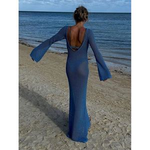 Maxi vestito Sexy tagliato senza schienale lavorato a maglia all'uncinetto abiti eleganti per le vacanze abiti lunghi da spiaggia a maniche lunghe da donna - Product Image 3