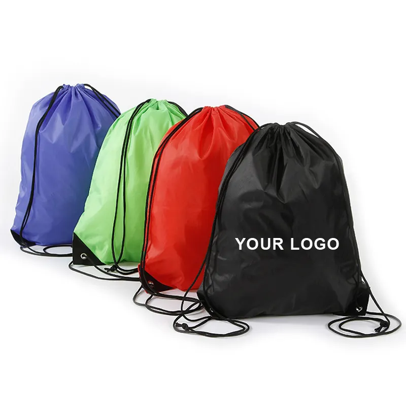 Bolsa con cordón de poliéster liso con logotipo personalizado, bolso de nylon ecológico, de regalo