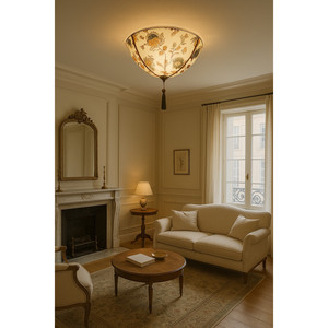 Belvedere ampio paralume in tessuto Tiffany, 3 luci a soffitto a filo/Semi filo. - Product Image 1