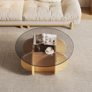Tavolino da Caffè con Base a Croce, Piano in <span class=keywords><strong>Vetro</strong></span> Fumé Rotondo, Design Fluttuante, Pannelli in Legno Curvo a Quadrifoglio, Stile Moderno Minimalista per Soggiorno - Product Image 1
