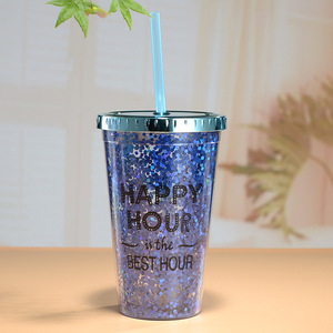 Glitter Plastic <b>Straw</b> <b>Cup</b> 450ml Electroplated <b>Lid</b> Happy Hour Design Party Drinkware - Product Image 3