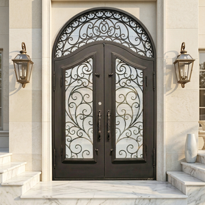 Porte extérieure double en <span class=keywords><strong>fer</strong></span> <span class=keywords><strong>forgé</strong></span> et verre de luxe avec dessus arqué pour entrée de villa - Product Image 1