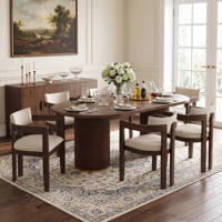 Table à manger ovale minimaliste nordique moderne avec piétement côtelé, ensemble de salle à manger haut de gamme en bois avec 5 chaises rembourrées