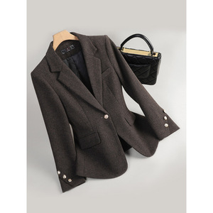 Women's <b>Wool</b> Blazer Reddish <b>Brown</b> Solid Color Long Sleeve Slim Fit Casual Workwear Coat - Product Image 1