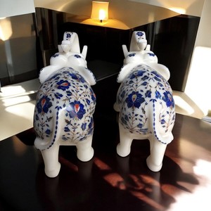 Pietra Dura trắng khắc đá cẩm thạch khắc voi dát may mắn Ấn Độ bức tượng văn phòng Tabletop bức tượng trang trí bộ 2 pcs - Product Image 3