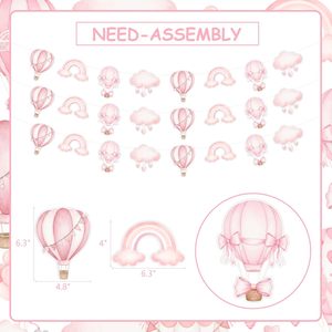 Lot de 3 guirlandes décoratives pour fête à thème montgolfière <span class=keywords><strong>rose</strong></span>, idéales pour les filles, style vintage, aventure mondiale - Product Image 1