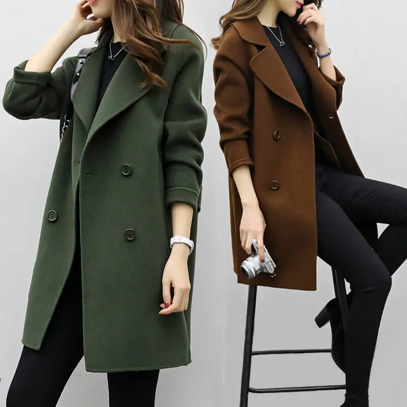 Latest Design Women Autumn Winter Wear Coat Clothes Double Breasted Long Coats Ladies Long Sleeve Overcoat Jacket