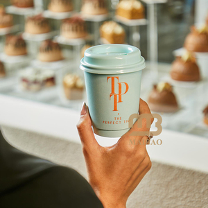 Custom printed Pale Teal Takeout Double Wall PLA 8oz Eco Disposable hot Coffee Paper Cup clear Carrier Handle with Special Lid