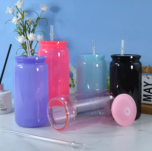 Pot en forme de <span class=keywords><strong>verre</strong></span> à bière Libby en plastique acrylique de 16 oz, couleur unie, avec couvercle coloré pour cadeau d'été, bricolage - Product Image 4