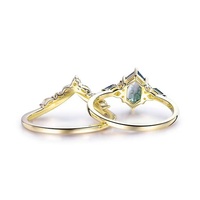 Ensemble de bagues en argent sterling 925 avec agate mousse taille hexagonale et petites pierres latérales en forme de cerf-volant