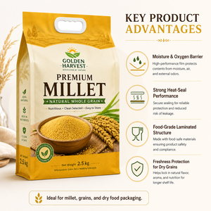 Sachet plat refermable personnalisé <span class=keywords><strong>de</strong></span> qualité alimentaire, résistant à l'humidité, avec fermeture éclair, pour <span class=keywords><strong>millet</strong></span>, riz et céréales, à 8 soudures latérales - Product Image 6