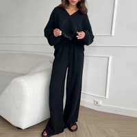 Ensemble de détente 2 pièces pour femme en coton froissé, polyester et lin, avec haut à col en V et manches longues, pantalon large, tenue décontractée pour l'aéroport et les voyages 2026
