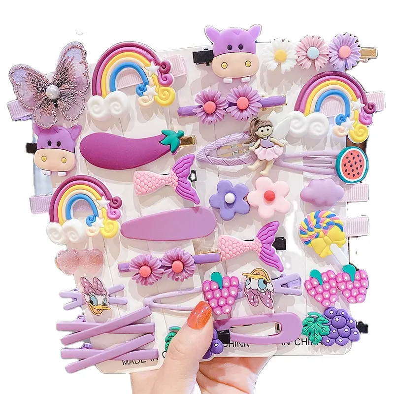 Cute Kids Hair Accessories Cartoon Princess 14 Pcs Hair Clips Sets Cartoon Rainbow Flowers Fruit Candy Hairpins For Girls