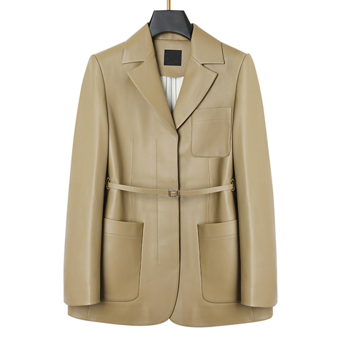 2103 Leisure Personality OL Suit Collar Genuine Leather Sheepskin Belt Slim Long Sleeve Suit Coat Women