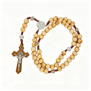Rosario Cattolico in Legno a 59 Grani con Crocifisso di San Benedetto, Collana di Preghiera in Legno di Pino e Ulivo per il Culto Religioso, da Appendere a Parete - Product Image 1