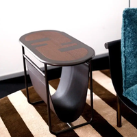Table d'appoint ovale moderne personnalisée avec porte-revues en cuir pleine fleur, table d'appoint en acier inoxydable pour salon de luxe