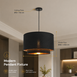 Lámpara colgante moderna de tela negra con pantalla de doble capa de 40 cm y estructura de hierro para comedor interior, hogar o restaurante. - Product Image 3