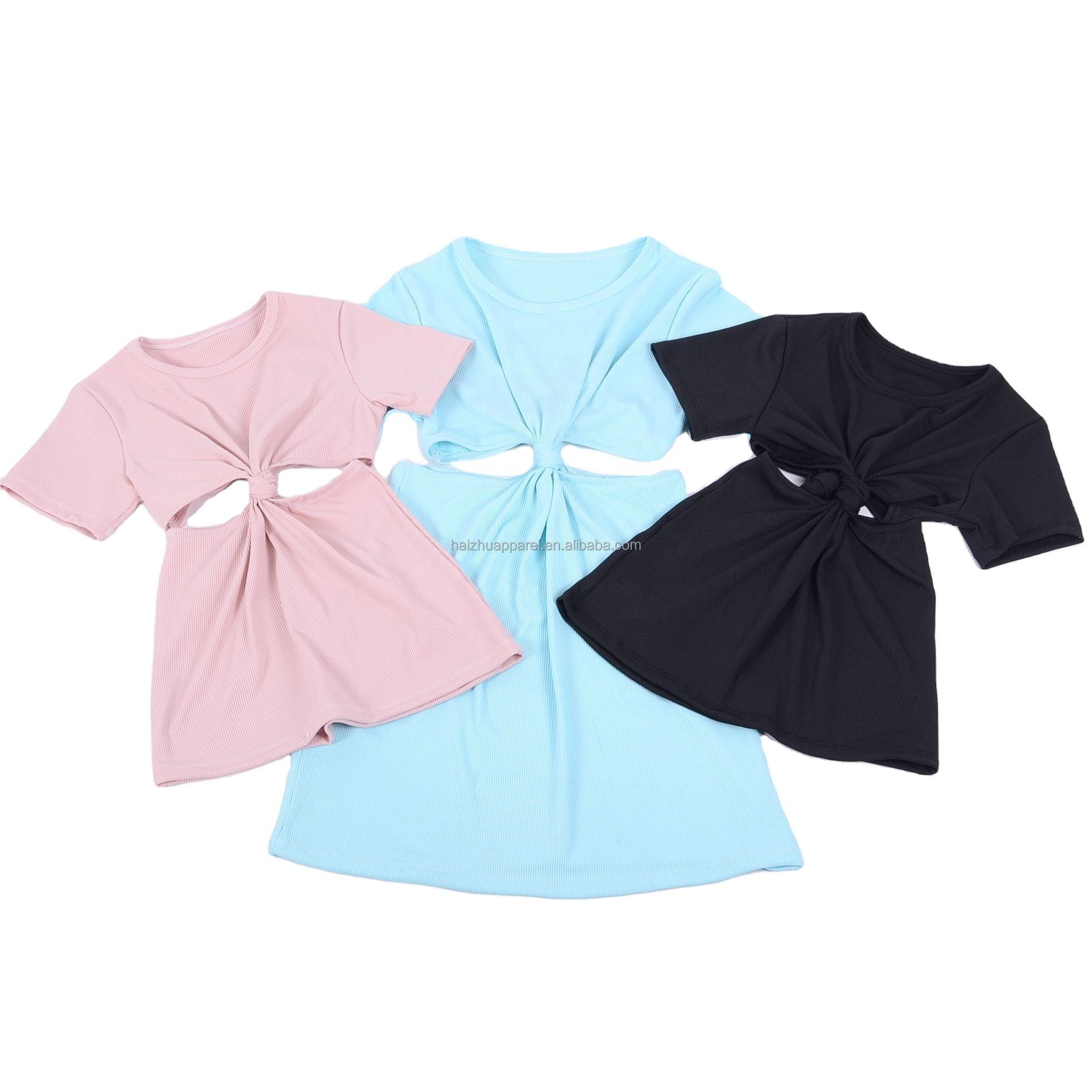 Wholesale One Piece Baby Girls Dress 230g Rib Knit Waist Knotted Tshirt  Skirt Hollow Waist Skirt for Children - Main Image