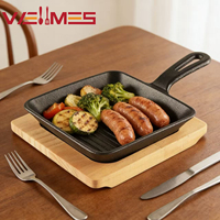Poêle carrée en fonte avec support en bois, antiadhésive, à surface striée, pour steak, bacon, barbecue, compatible gaz et induction, revêtement à l'huile végétale