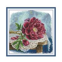 Kit de broderie au point de croix pré-imprimé DIY, motif pivoine rouge faite à la main, sur toile, pour décoration murale