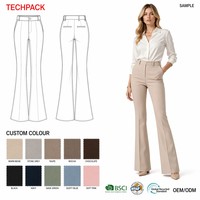 Pantalon évasé personnalisé OEM vert forêt, minimaliste, en crêpe respirant, avec bas évasé, poches plaquées rétro, en fibres recyclées, taille haute