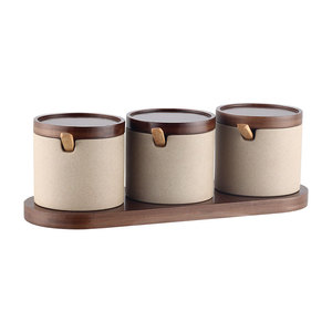 Premium 3-teiliges Großes Rundes Keramik-Gewürzgläser-<span class=keywords><strong>Set</strong></span> mit Bambusdeckel und -Basis Individuelle Logo-Option für die Heimküche - Product Image 1