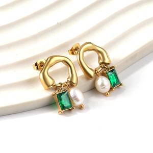 Pendientes de Aro Grandes de Perlas para Mujer, de Acero Inoxidable, con Mini Joya Cuadrada de Diamante Verde, Joyería de Moda - Product Image 3