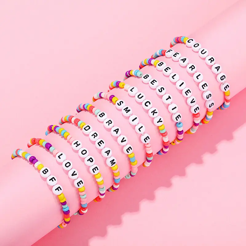 Motivierende Inspiration Einstellbare handgemachte bunte Regenbogen elastische Stretch Perlen anfängliche Freundschaft Kinder Armbänder