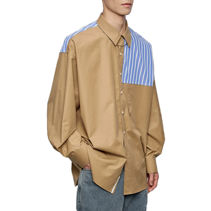 Custom Logo Men Asymmetric Stripe <b>Patchwork</b> Oversized <b>Shirt</b> Khaki Block Lapel Collar Long Sleeve Loose Fit Button Down <b>Shirts</b> - Product Image 1