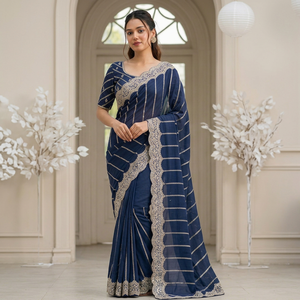 AARA Fashion Elegante Saree de Seda Azul Marino con Bordado Plateado, Estilo Tradicional Indio Pakistaní para Mujer, Ideal para Bodas - Product Image 1