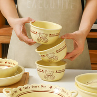 Ensemble de bols et assiettes en porcelaine pour enfants Lucky Bear, design de dessin animé, passe au micro-ondes, bol à double anse
