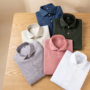 Chemise décontractée d'été pour homme 100% Lin Popeline à col mandarin perlé - Lavable en machine, respirante, manches longues, sans repassage, coupe simple - Product Image 3
