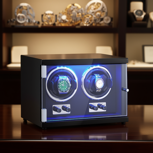 Remontoir de montres double pour montres mécaniques, moteur Mabuchi, coque en PU noir, lumière LED bleue, mouvement automatique de luxe pour hommes - Product Image 2
