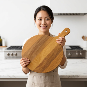 Tabla de cortar redonda de madera con mango, bloque de corte para cocina - Product Image 1