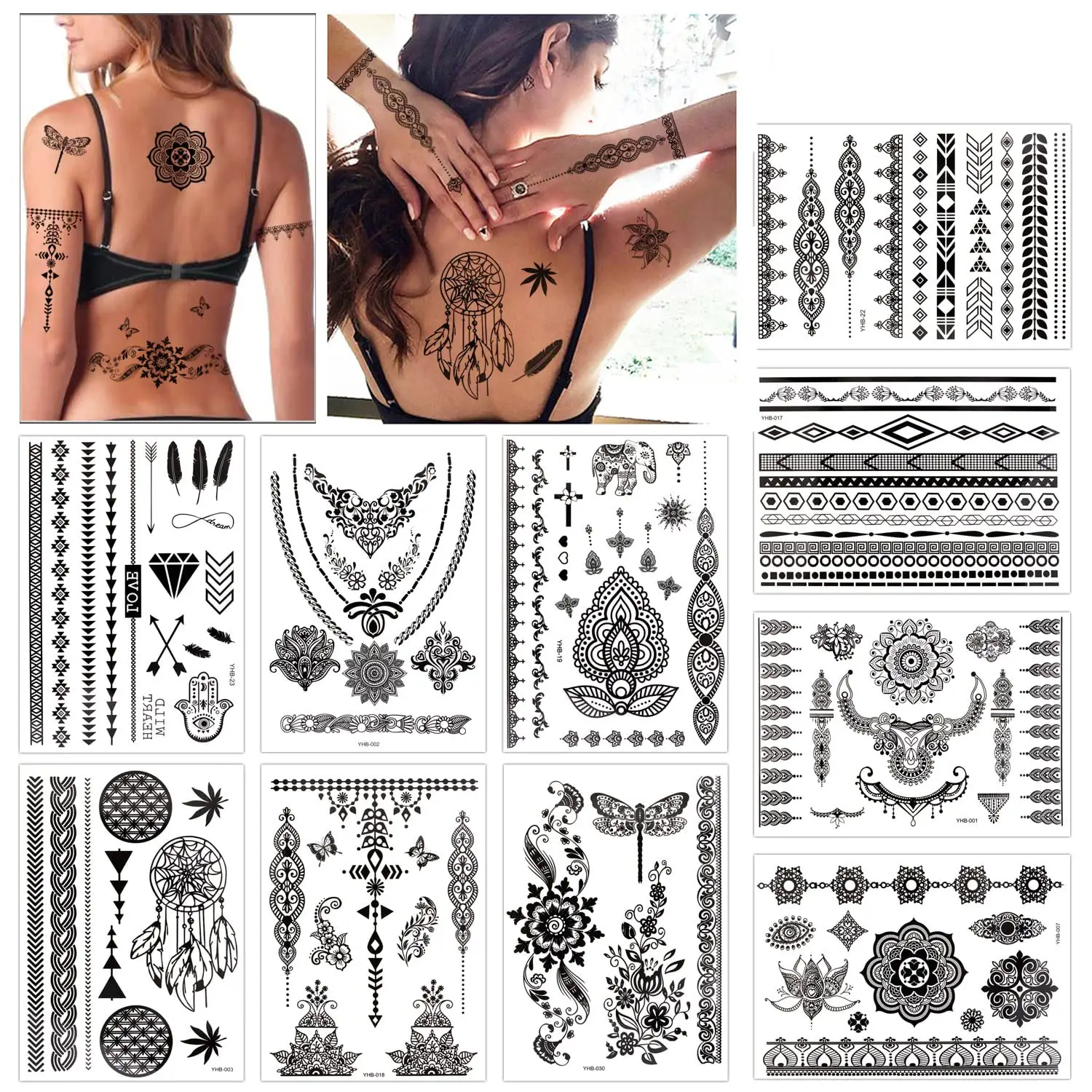 Henna temporäre Tattoo schwarze Kunstaufkleber Spitzen Mehndi Körpertransfers Tattoo-Aufkleber