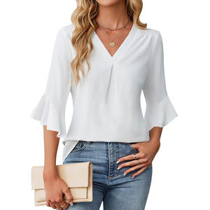 Camisa Casual de Gasa para Mujer, Estilo Europeo Americano, Verano 2026, Cuello en V, Manga Loto de Tres Cuartos, Transpirable, para Oficina, Poliéster/Algodón - Product Image 4